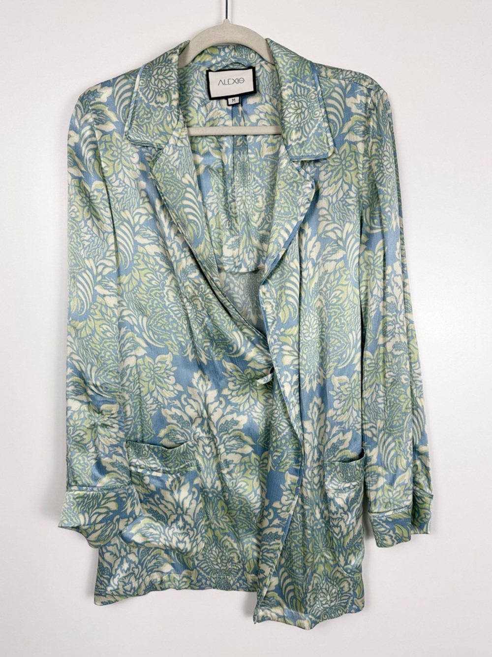Alexis Satin Wrap Collared Tunic Shirt Lounge Blue Damask